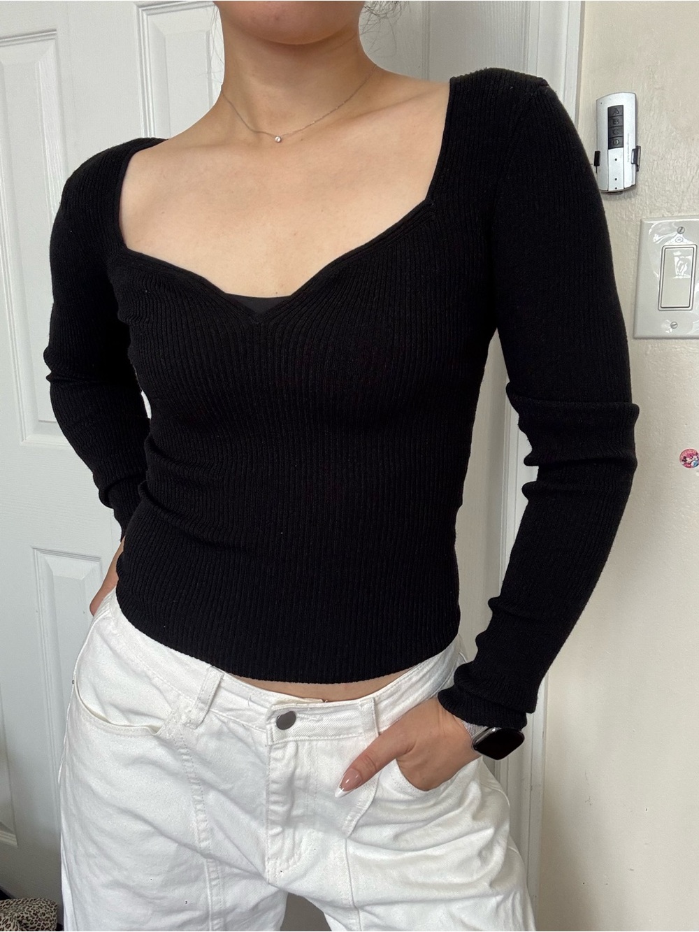 h&m ribbed square-neck long sleeve - black xs